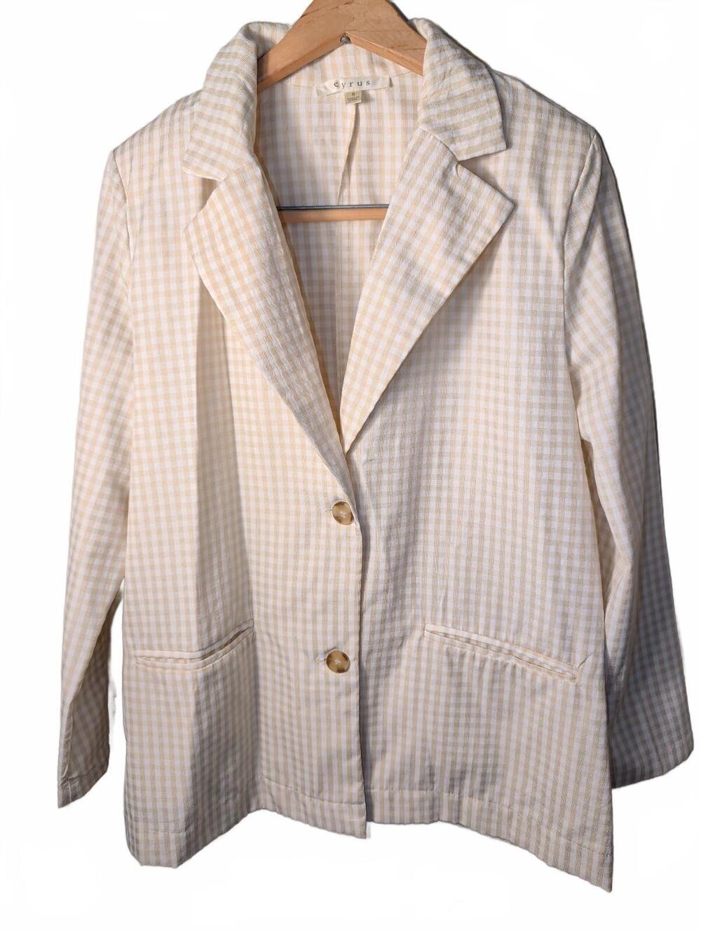 Cyrus Beige White Gingham Button Front Blazer Jacket Womens Size Small Normcore